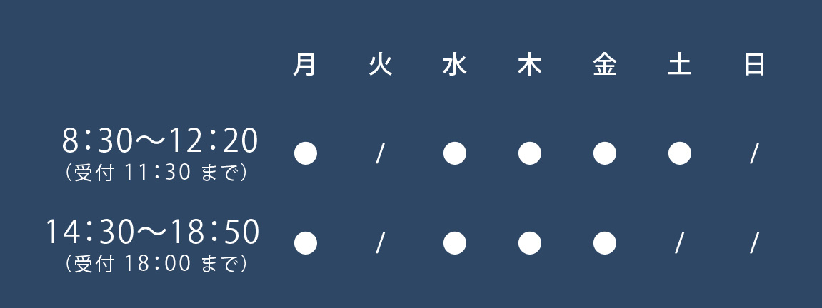 診療時間　月・水・木・金　午前８：３０～１２：２０（受付終了１１：３０） 午後１４：００～１８：５０（受付終了１８：００） 土　８：５０～１２：２０（受付終了１１：３０）